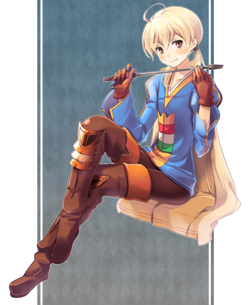 1boy, ahoge, bad_id, bad_pixiv_id, blonde_hair, blush, boots, brown_eyes