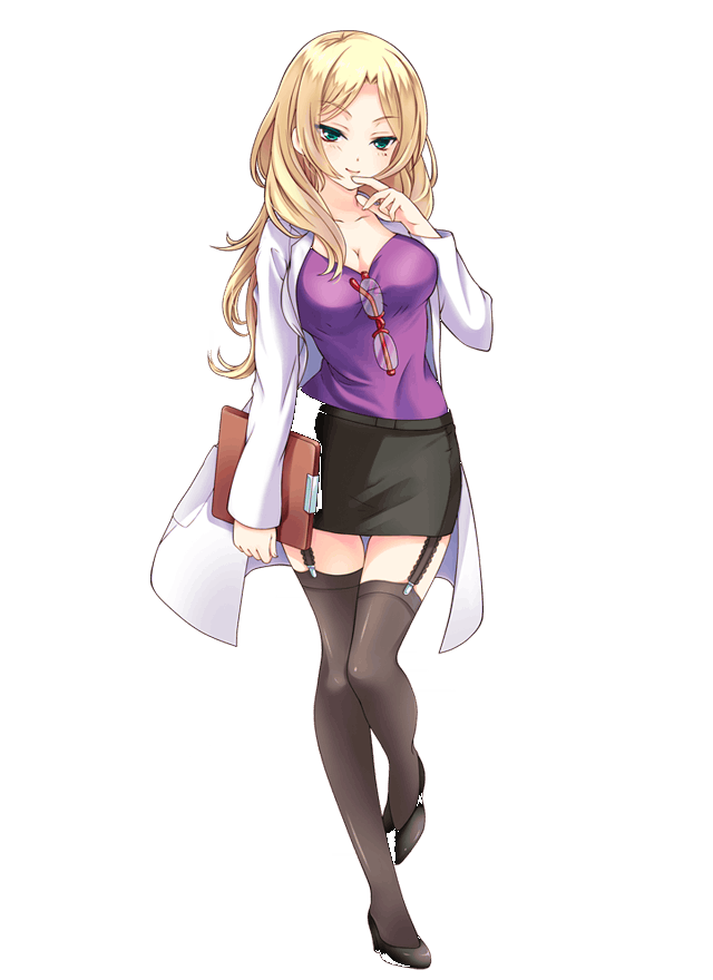 1girl, black_dress, blonde_hair, breasts, clipboard, closed_mouth, dress, female_focus, finger_to_mouth, garter_straps, girlfriend_(kari), glasses, green_eyes, holding, kanzaki_mikoto_(girlfriend_(kari)), lab_coat, large_breasts, long_hair, nurse, official_art, purple_shirt, qp:flapper, shirt, shoes, smile, solo, standing, tagme, thighhighs, transparent_background