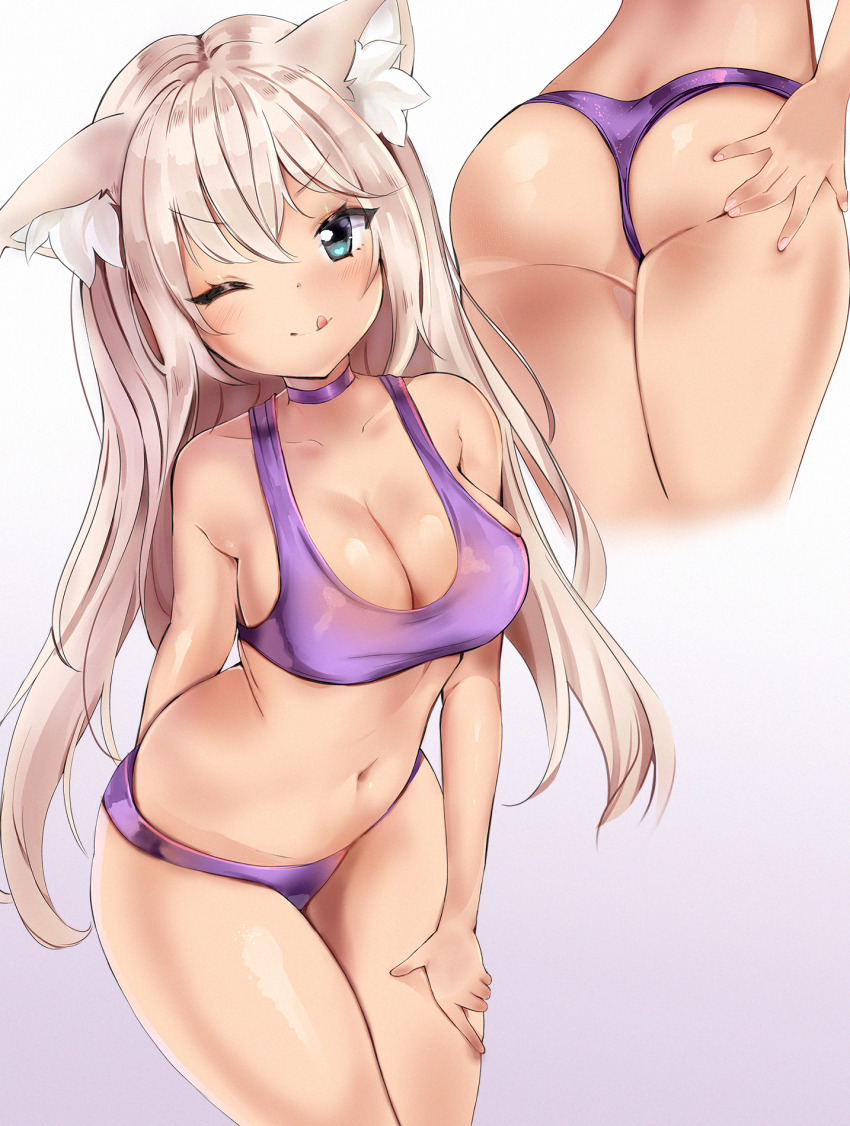 1girl, ;p, animal_ear_fluff, animal_ears, anyuu, ass, bare_arms, bare_shoulders