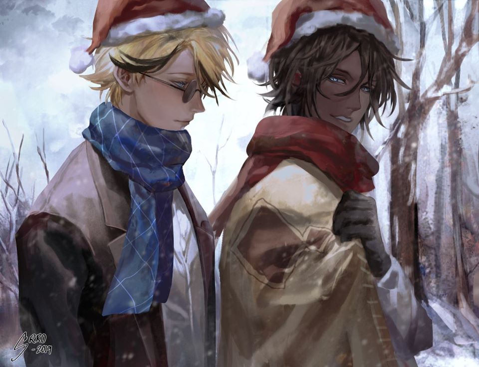 2boys, black_hair, blonde_hair, blue_eyes, chocolate_(food_fantasy), coffee_(food_fantasy), dark-skinned_male, dark_skin