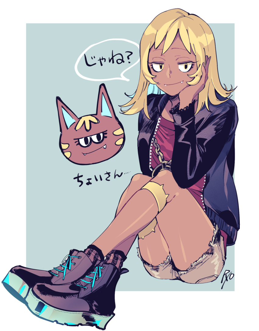 1girl, animal_crossing, ankle_boots, black_eyes, black_footwear, black_jacket, blonde_hair, blue_hair