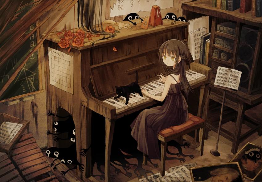 1girl, 1other, black_cat, book, brown_hair, cat, chalkboard, closed_mouth
