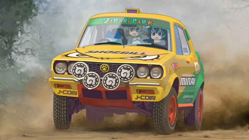 2girls, animal_print, black_eyes, black_gloves, black_hair, blonde_hair, bow, bowtie, character_name, day, driving, dust_cloud, elbow_gloves, english_text, frown, gloves, helmet, highres, japari_symbol, kaban_(kemono_friends), kemono_friends, lucky_beast_(kemono_friends), mazda_rx-3, multiple_girls, open_mouth, outdoors, paw_print, pith_helmet, print_gloves, print_neckwear, red_shirt, serval_(kemono_friends), shirt, short_sleeves, sleeveless, sleeveless_shirt, smile, two-tone_bow, two-tone_bowtie, v-shaped_eyes, vehicle_focus, white_headwear, white_shirt, yamachan_(niconico2951569), yellow_eyes, yellow_neckwear