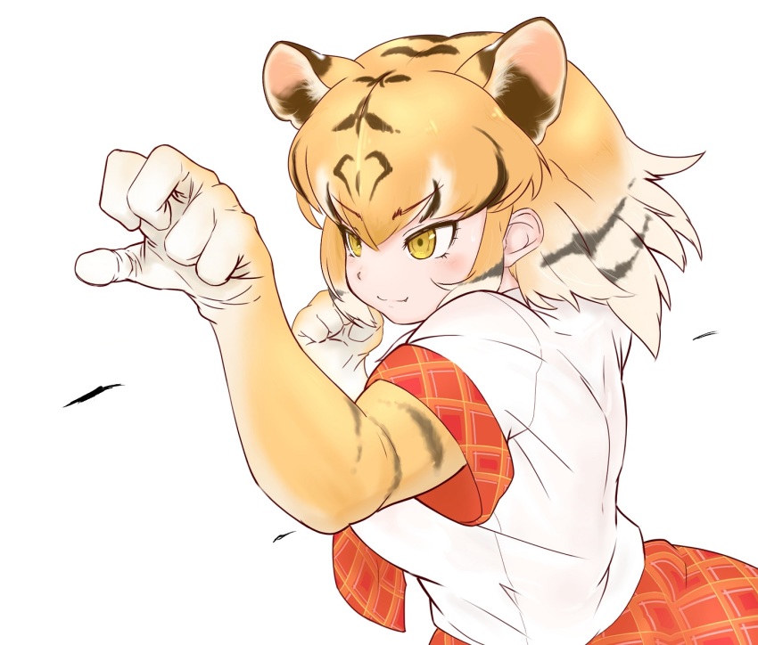 >:), 1girl, animal_ears, animal_print, arm_up, black_hair, clenched_hand, closed_mouth