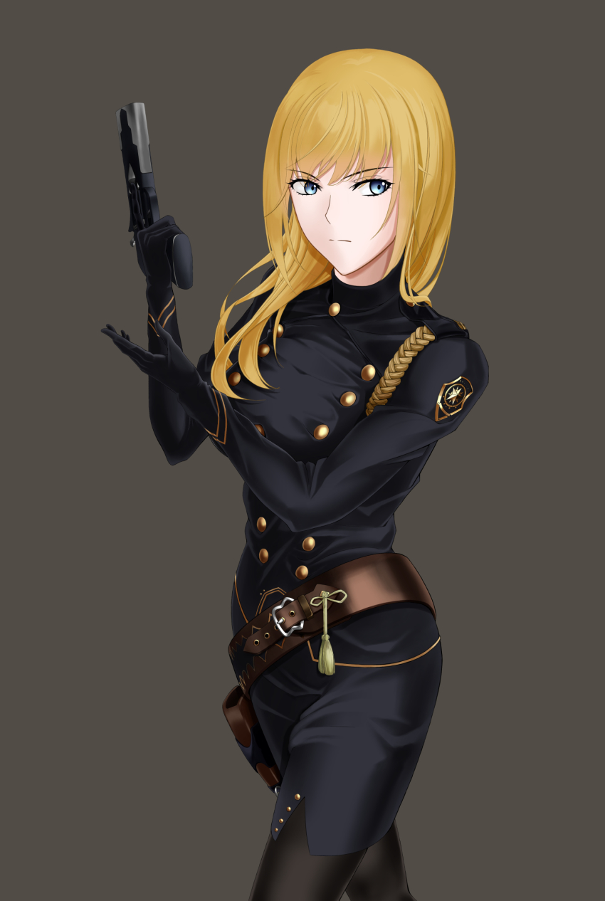 1girl, belt, black_bodysuit, black_gloves, blonde_hair, blue_eyes, bodysuit, brown_belt