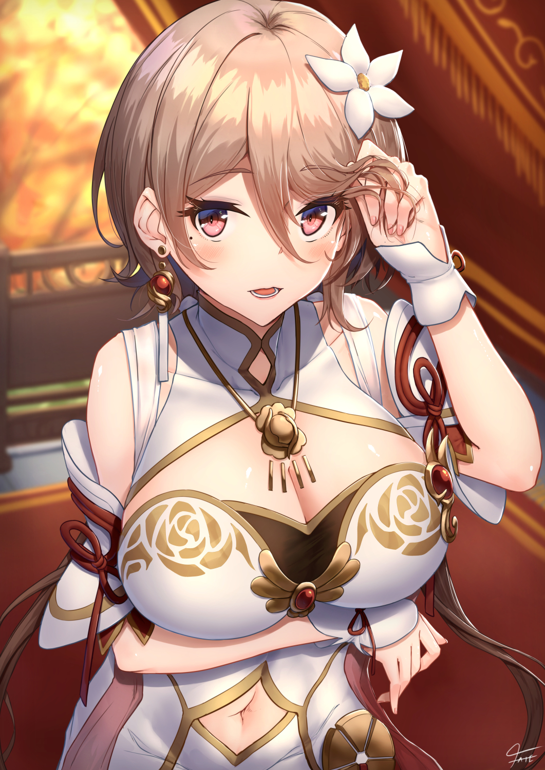 breasts, cleavage, cleavage_cutout, clothing_cutout, commentary, earrings, eyelashes, eyes_visible_through_hair