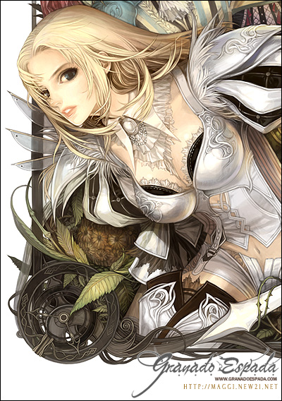 1girl, armor, blonde_hair, blue_eyes, breasts, cleavage, costume, female_focus