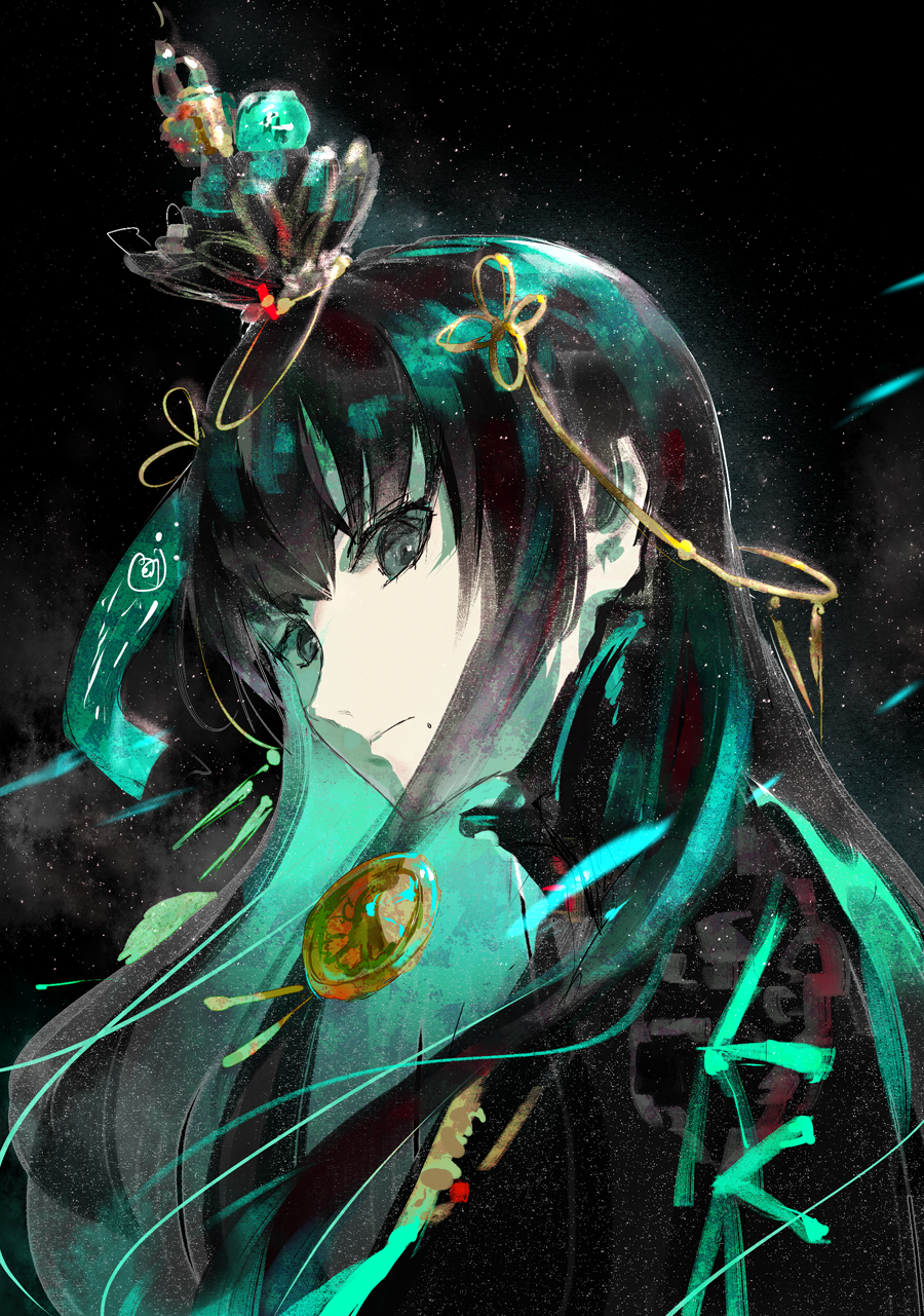1girl, aqua_hair, black_background, black_eyes, black_hair, female_focus, hair_ornament, hair_ribbon