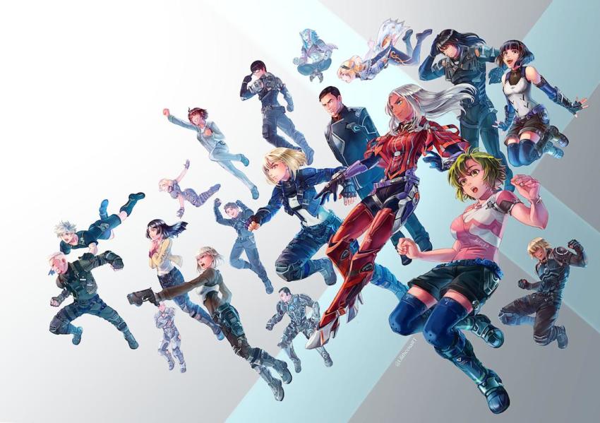 6+boys, 6+girls, :d, :o, alexa_(xenoblade_x), armor, black_hair, boze_lowes