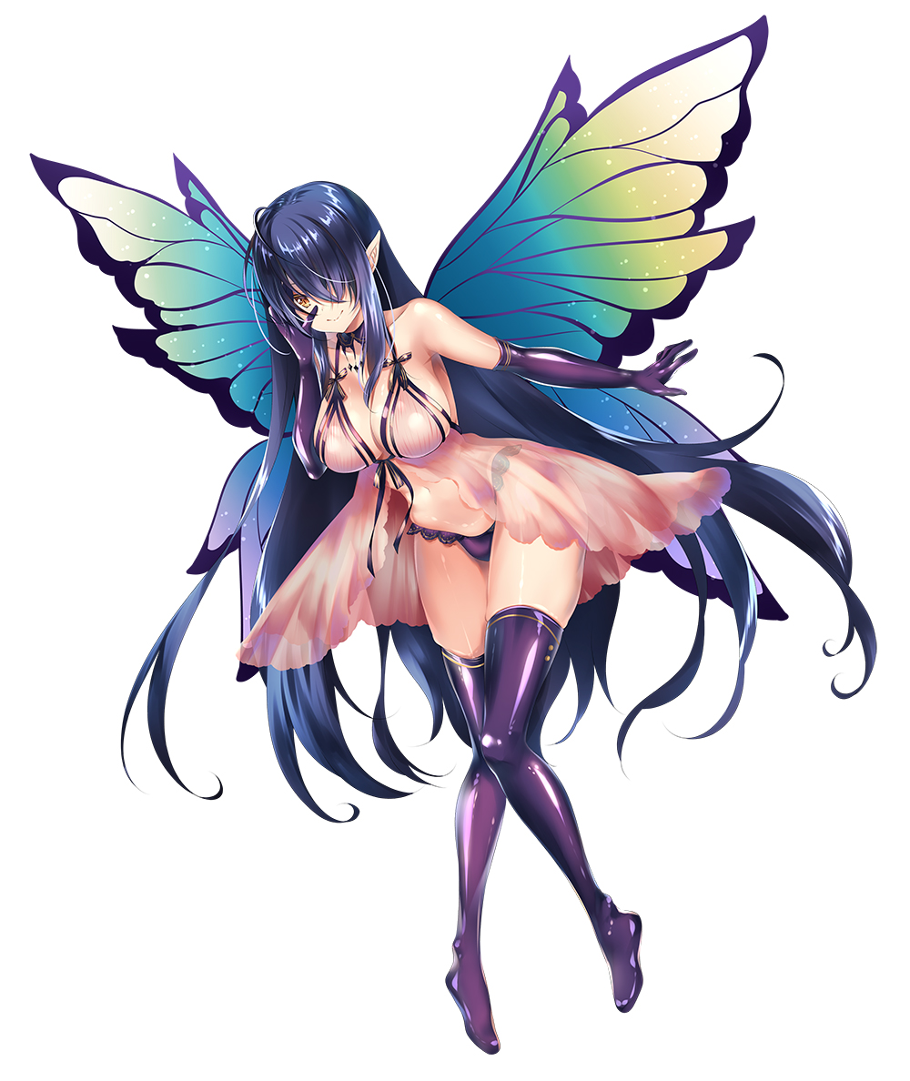 1girl, blue_hair, boots, breasts, butterfly_wings, curvy, fairy, female_focus
