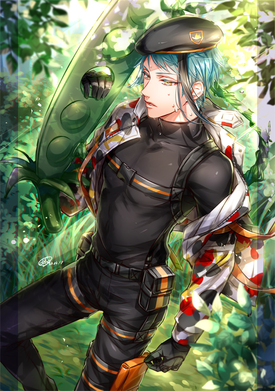 1boy, aqua_hair, arm_at_side, armband, belt, belt_buckle, belt_pouch, beret, black_gloves, black_hair, black_hat, black_jacket, black_pants, black_shirt, blurry, buckle, collarbone, colored_eyelashes, day, depth_of_field, doro_(sabarudoro), feet_out_of_frame, from_above, gloves, hat, holding, jacket, jade_leech, jade_leech_(beans_camo), long_sleeves, looking_at_another, looking_at_viewer, male_focus, multicolored_hair, nature, off_shoulder, open_clothes, open_jacket, open_mouth, oversized_object, pants, parted_lips, plant, pouch, print_jacket, shirt, sidelocks, skin_tight, solo, standing, streaked_hair, sweat, turtleneck, twisted_wonderland, yellow_eyes