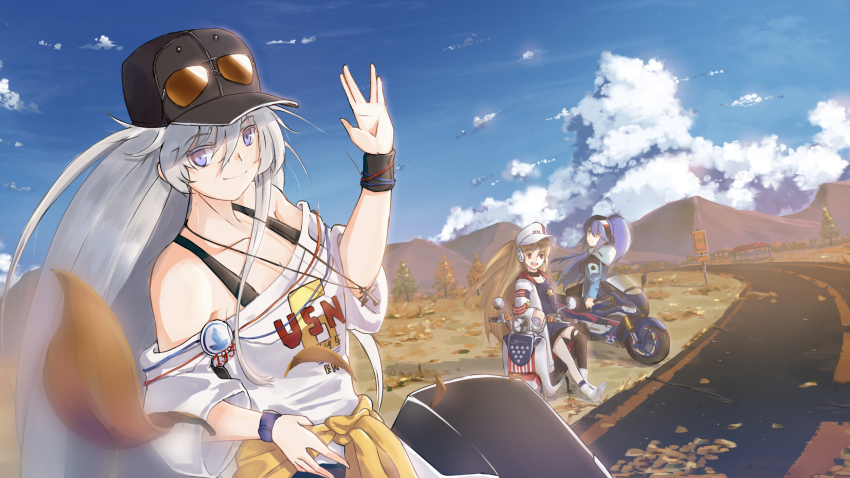 3girls, absurdres, azur_lane, blonde_hair, blue_hair, cleveland_(azur_lane), cleveland_(road_trip!)_(azur_lane), clothes_around_waist