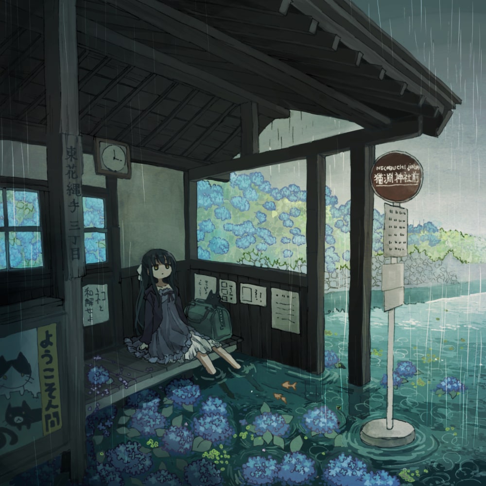 1girl, bag, black_cat, black_eyes, black_hair, black_jacket, blue_dress, bow