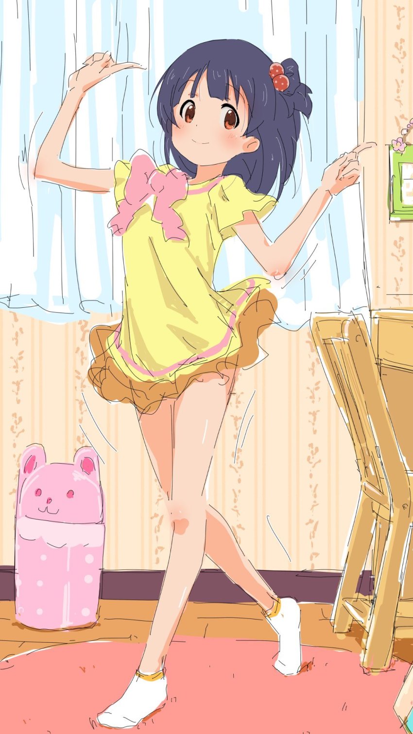 1girl, ankle_socks, bare_legs, blouse, blue_hair, blush, bow, brown_eyes
