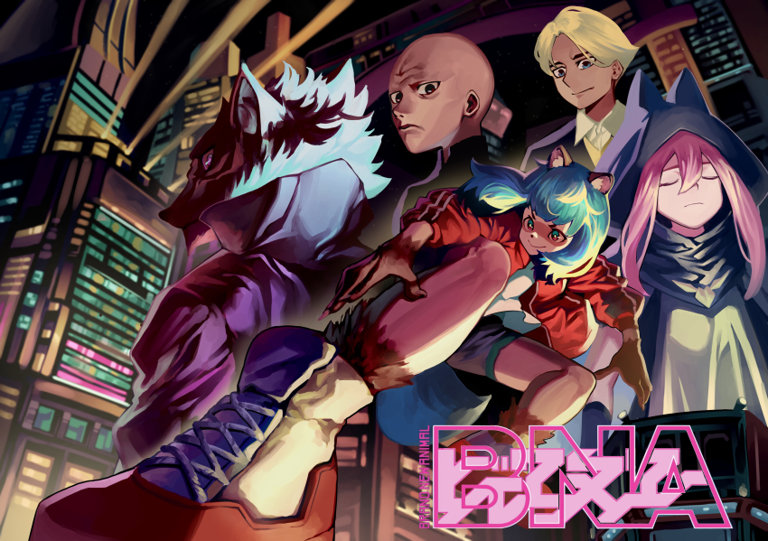 2boys, 3girls, absurdres, alan_sylvasta, animal_ears, animal_hood, barbara_rose, blonde_hair