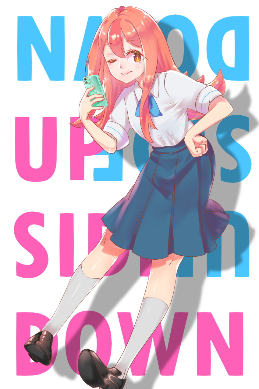 1girl, absurdres, black_footwear, brand_new_animal, brown_eyes, cellphone, female_focus, full_body