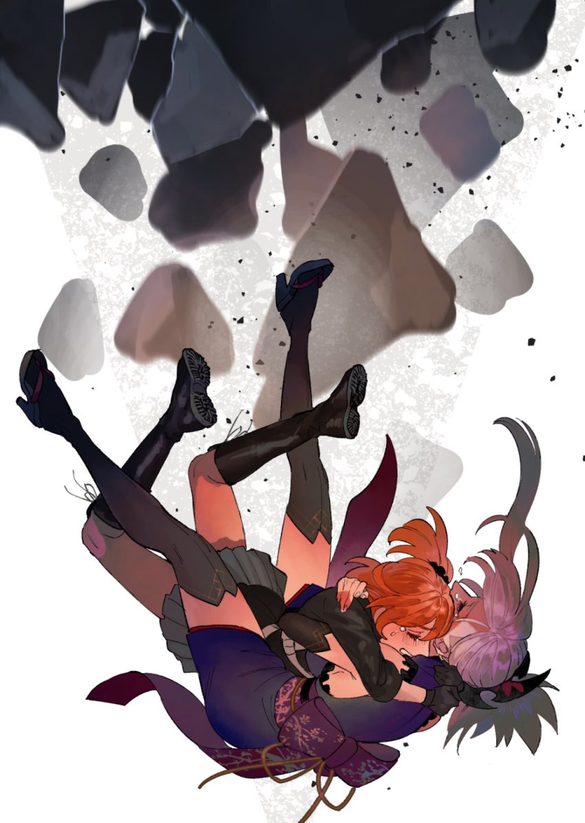 2girls, boots, bow, crying, falling, fate/grand_order, fate_(series), fujimaru_ritsuka_(female)