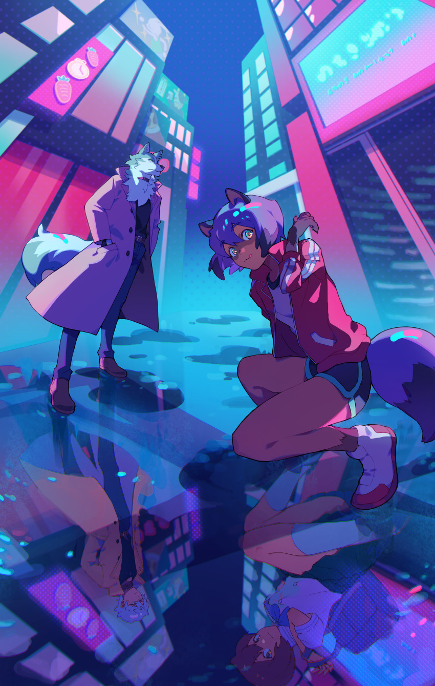 1boy, 1girl, absurdres, animal_ears, backpack, bag, black_choker, brand_new_animal