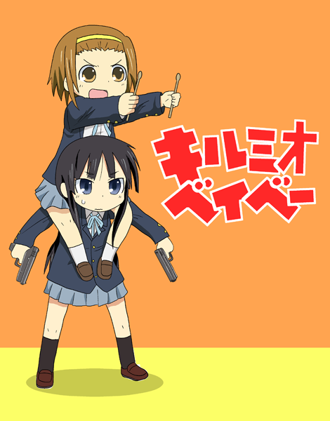 2girls, akiyama_mio, black_hair, blunt_bangs, brown_hair, carrying, drumsticks, dual_wielding