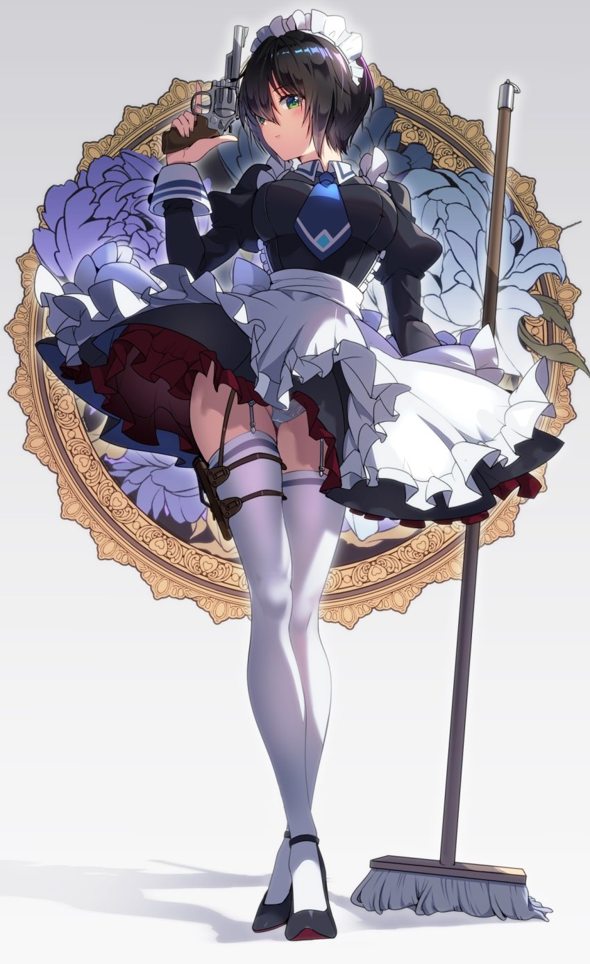 1girl, alternate_costume, apron, black_dress, black_footwear, black_hair, breasts, commentary_request