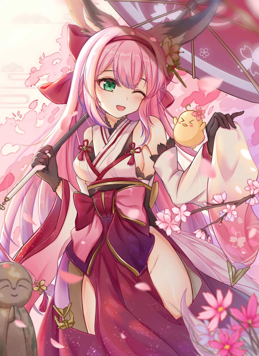1girl, animal_ear_fluff, animal_ears, azur_lane, bare_shoulders, blush, breasts, cherry_blossoms, flower, fox_ears, fox_girl, fox_tail, gloves, green_eyes, hair_between_eyes, hair_flower, hair_ornament, hairband, hanazuki_(azur_lane), highres, holding, holding_umbrella, japanese_clothes, kimono, long_hair, long_sleeves, looking_at_viewer, manjuu_(azur_lane), no_panties, one_eye_closed, open_mouth, pink_hair, print_umbrella, ribbon, small_breasts, smile, tail, thighs, umbrella, vincente, wide_sleeves