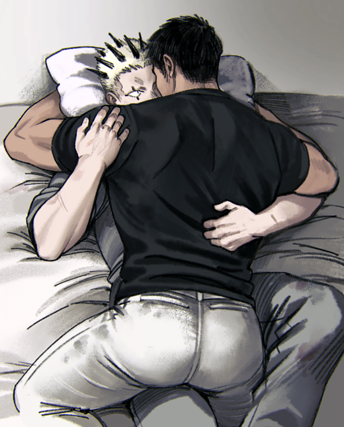 2boys, aikawa_(dorohedoro), ass, bad_id, bad_twitter_id, bara, black_hair, black_shirt