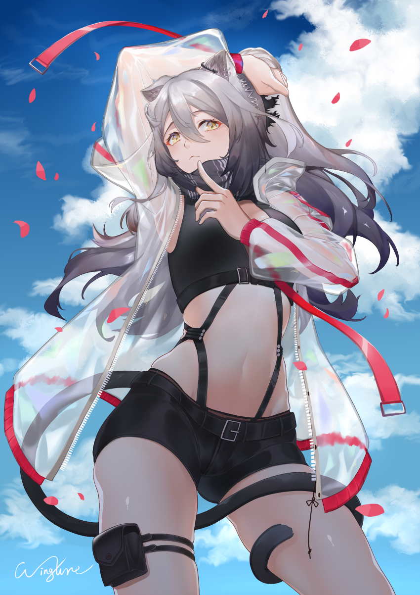 1girl, absurdres, animal_ears, arknights, arm_up, artist_name, belt, black_belt