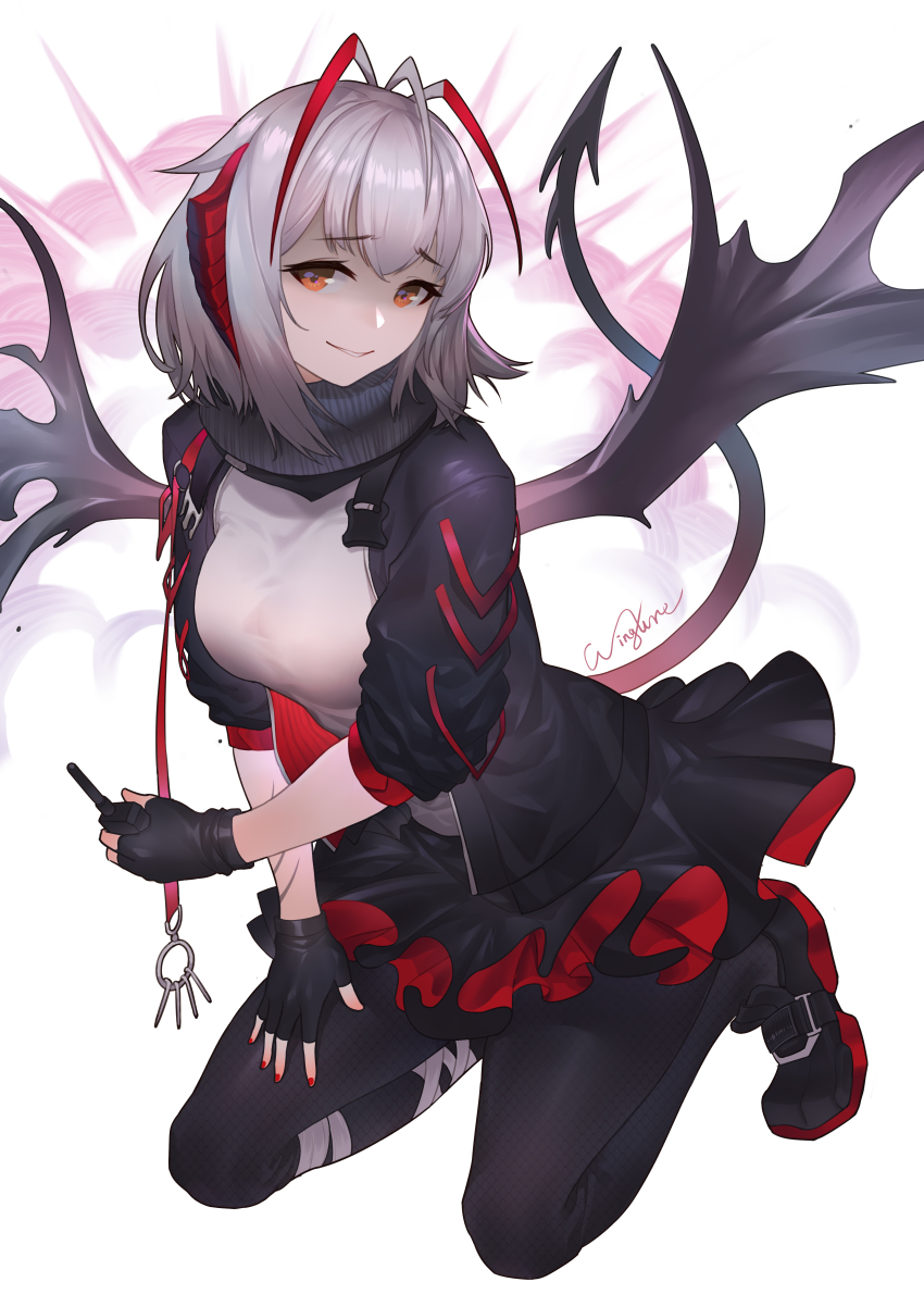 1girl, absurdres, antenna_hair, arknights, artist_name, black_gloves, black_jacket, black_pantyhose