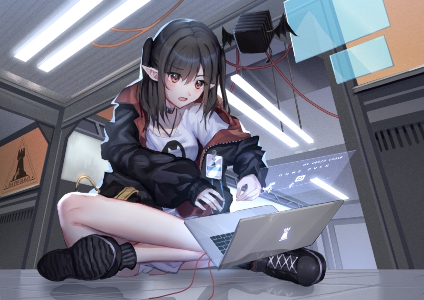 1girl, arknights, at_computer, black_footwear, black_hair, black_jacket, choker, closure_(arknights)