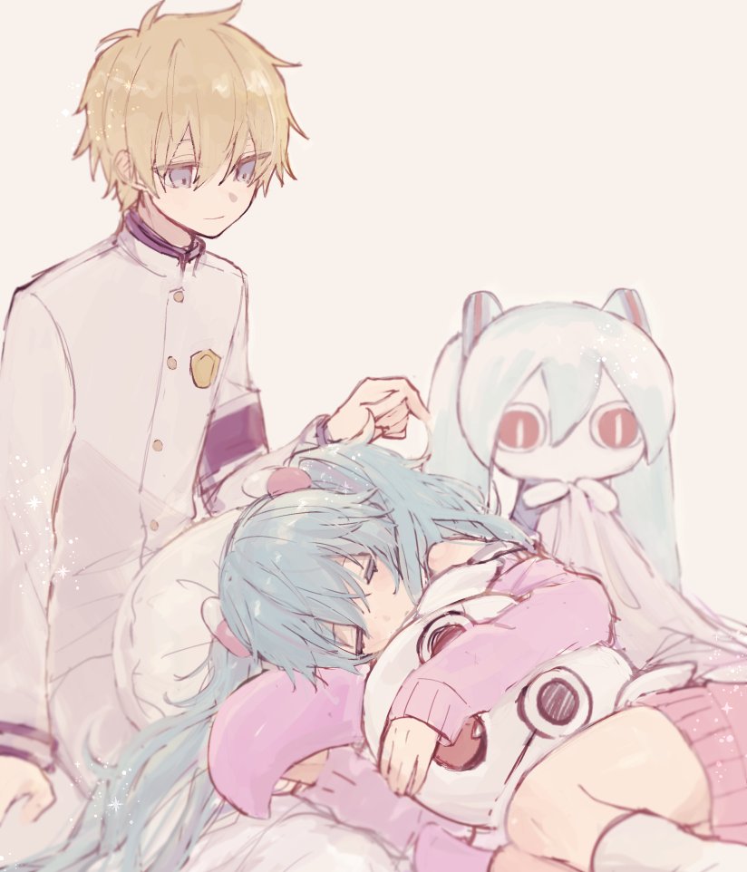 1boy, 1girl, aimaina, aqua_hair, armband, badge, blanket, blonde_hair