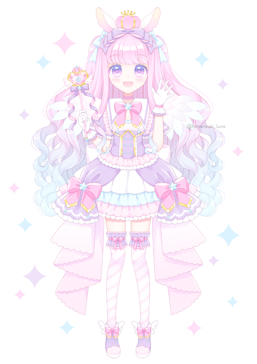 1girl, animal_ears, blue_bow, blue_hair, bow, commentary_request, crown, diagonal-striped_legwear