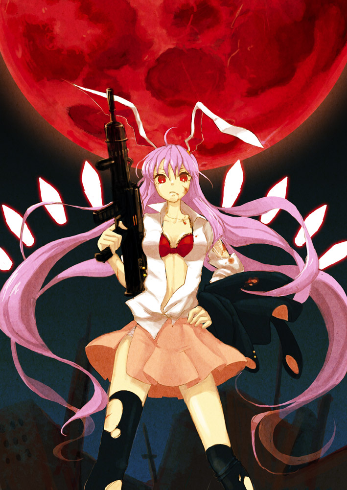 1girl, animal_ears, blazer, blood, bra, rabbit_ears, danmaku, eeyasu