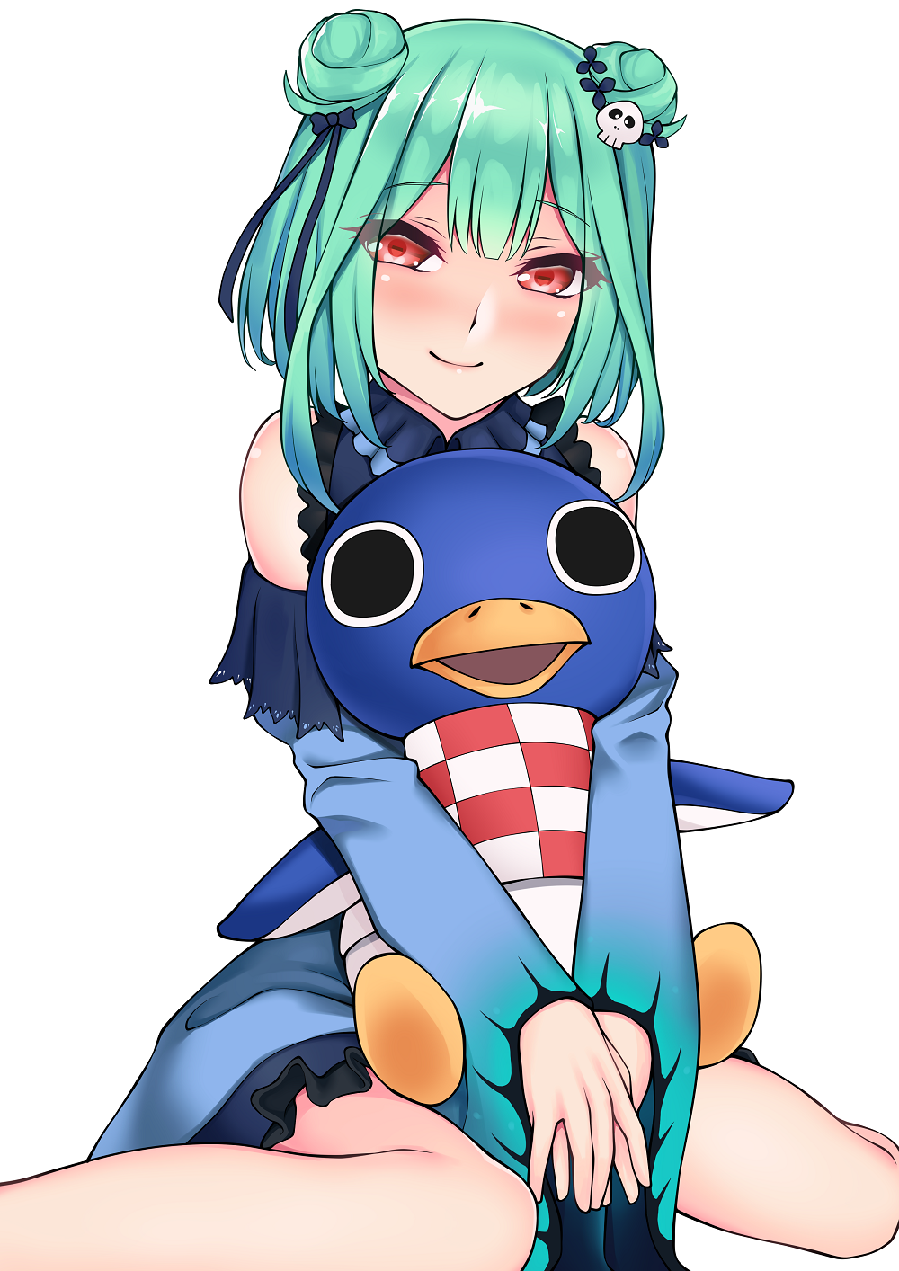1girl, aqua_hair, bad_id, bad_pixiv_id, bare_shoulders, blue_dress, blue_ribbon, closed_mouth, double_bun, dress, female_focus, hair_bun, hair_ornament, hair_ribbon, highres, holding, holding_stuffed_toy, hololive, ishiusu, long_sleeves, narrowed_eyes, red_eyes, ribbon, roald_(animal_crossing), short_hair, sidelocks, simple_background, sitting, skull_hair_ornament, smile, solo, stuffed_animal, stuffed_penguin, stuffed_toy, uruha_rushia, uruha_rushia_(1st_costume), virtual_youtuber, wariza, white_background, wide_sleeves