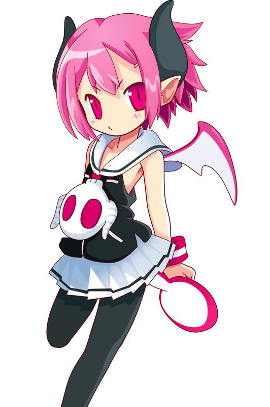 1girl, bat_wings, child, demon_girl, disgaea, female_focus, horns, makai_senki_disgaea_3, pantyhose, pink_eyes, pink_hair, pointy_ears, raspberyl, sailor_collar, short_hair, simple_background, skirt, solo, tail, takakocha, white_sailor_collar, wings