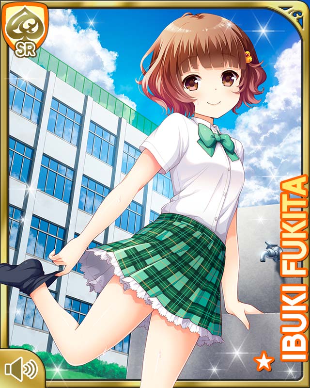 1girl, bird, bow, brown_eyes, brown_hair, card_(medium), character_name, closed_mouth