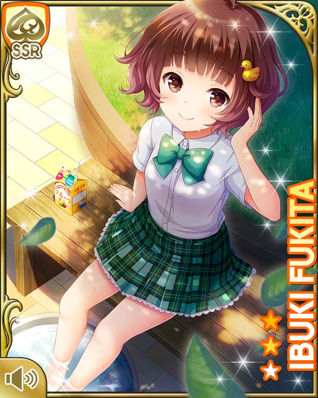 1girl, bench, bird, bow, brown_eyes, brown_hair, card_(medium), character_name