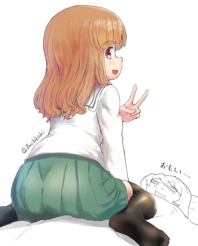 2girls, black_legwear, blouse, blunt_bangs, buchikaki, commentary, from_behind, futon