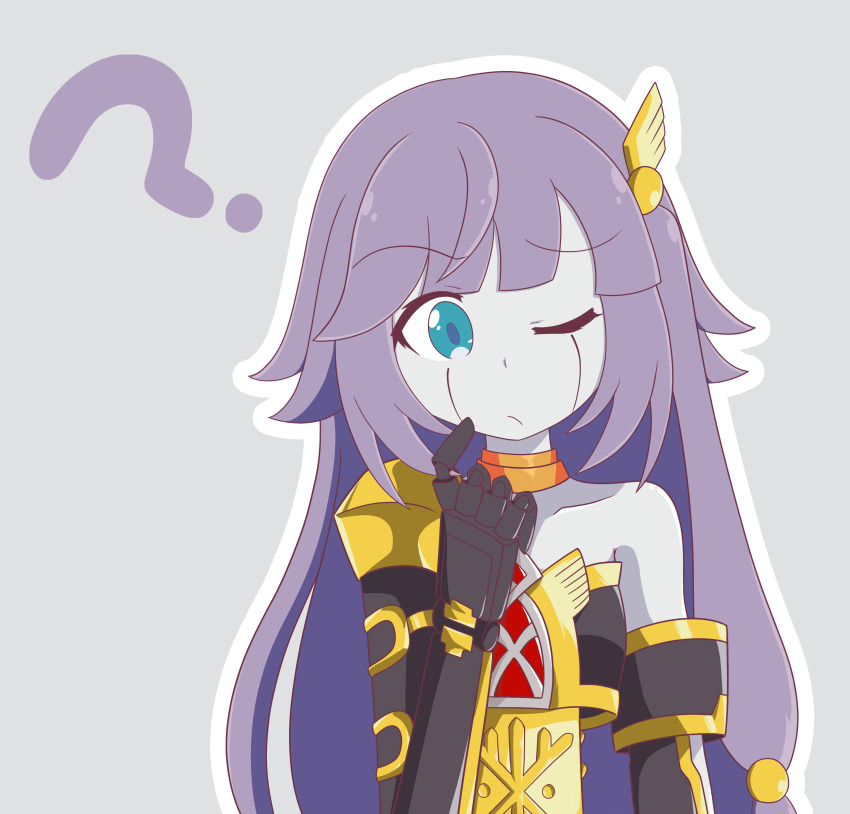 1girl, absurdres, bad_id, bad_pixiv_id, blue_eyes, closed_mouth, collarbone, colored_skin, confused, female_focus, finger_to_cheek, galatea_(yuu-gi-ou), galatea_the_orcust_automaton, grey_background, hair_ornament, hairpin, highres, ib_(yu-gi-oh!), jewelry, joints, long_hair, looking_at_viewer, mechabare, mechanical_arms, neck_ring, one_eye_closed, outline, pichan, purple_hair, robot_joints, sidelocks, simple_background, single_mechanical_arm, solo, upper_body, white_skin, yu-gi-oh!