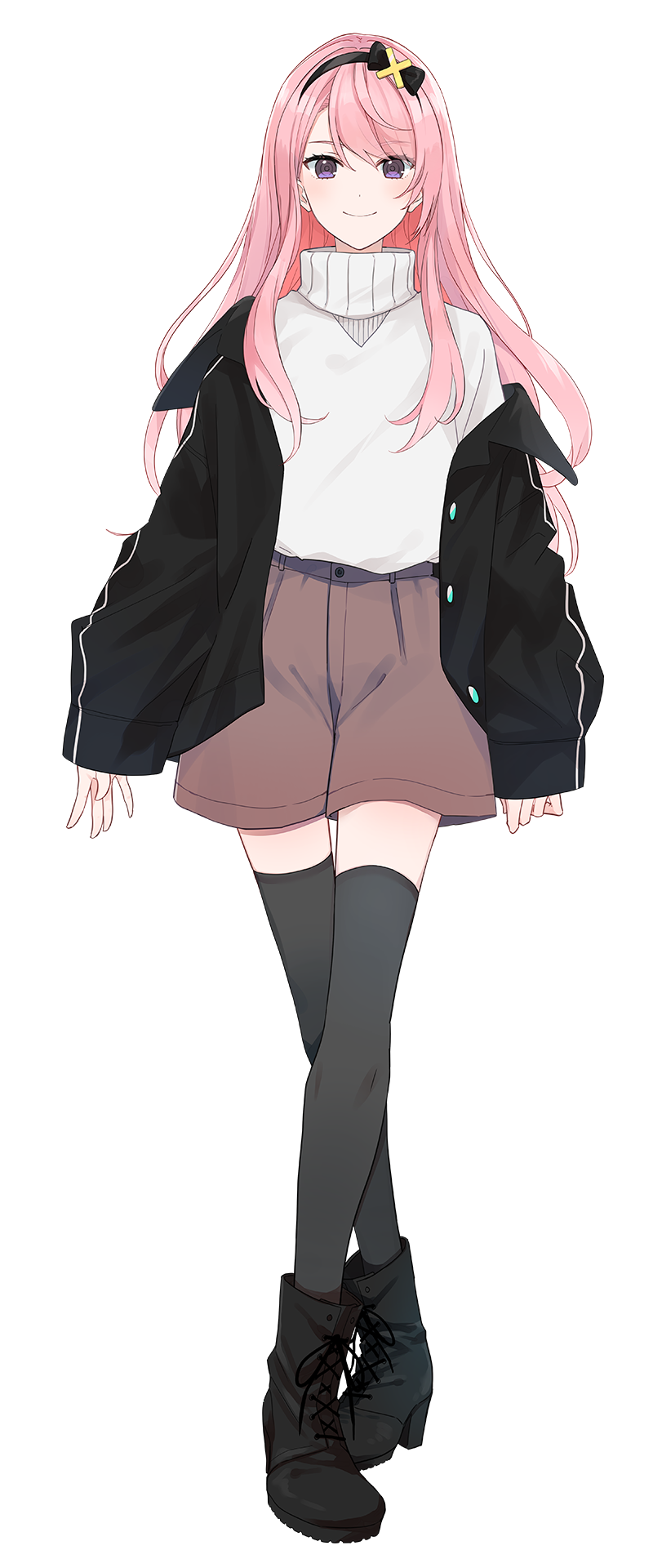 1boy, ankle_boots, boots, full_body, hairband, high_heel_boots, high_heels, highres, holostars, jacket, lace-up_boots, long_hair, male_focus, official_art, pink_hair, purple_eyes, shorts, simple_background, smile, solo, standing, straight-on, thighhighs, trap, tsukishita_kaoru, turtleneck, virtual_youtuber, white_background