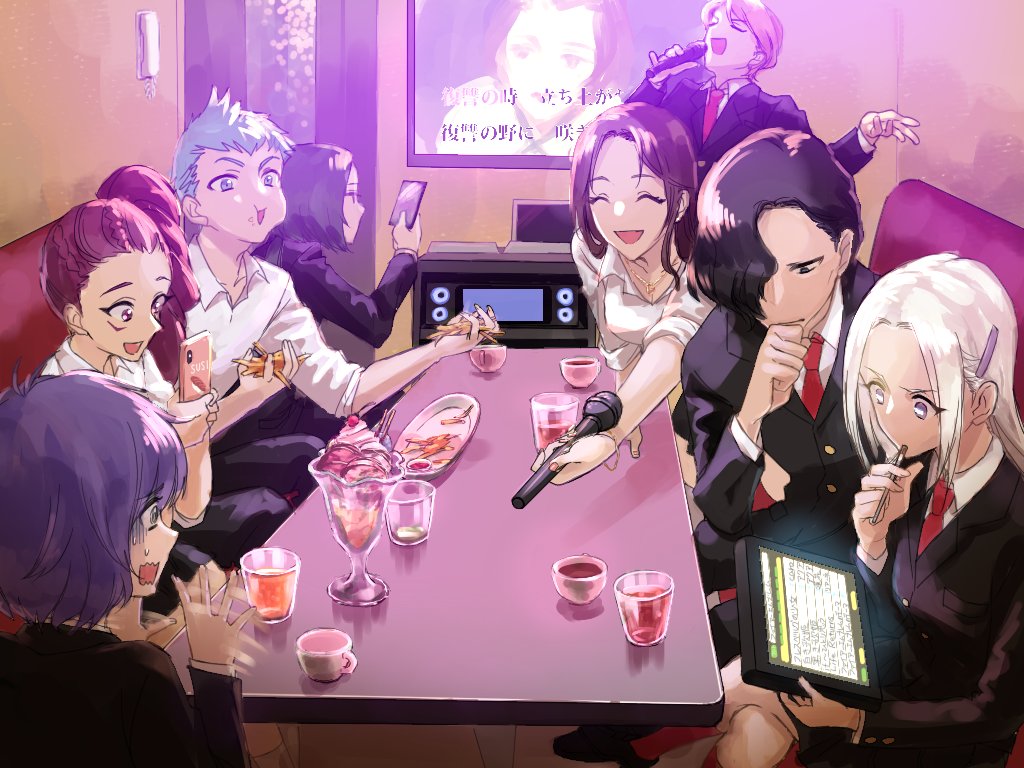 4boys, 4girls, alternate_costume, bernadetta_von_varley, black_eyes, black_hair, black_jacket, black_pants, black_skirt, black_suit, blue_hair, braid, breasts, brown_hair, caspar_von_bergliez, cellphone, cleavage, closed_eyes, closed_mouth, collared_shirt, commentary, contemporary, couch, crossed_legs, cup, dorothea_arnault, drink, eating, edelgard_von_hresvelg, facepaint, ferdinand_von_aegir, fire_emblem, fire_emblem:_three_houses, food, forehead, formal_clothes, french_braid, french_fries, gloom_(expression), green_hair, hair_over_one_eye, hand_to_own_mouth, hubert_von_vestra, ice_cream, indoors, jacket, jewelry, karaoke, kontaro0, light_blue_hair, linhardt_von_hevring, long_hair, long_sleeves, medium_breasts, microphone, miniskirt, motion_blur, motion_lines, multiple_boys, multiple_girls, music, necklace, necktie, nintendo, open_mouth, orange_hair, outstretched_arm, pants, parted_bangs, petra_macneary, phone, ponytail, purple_eyes, purple_hair, reaching, red_neckwear, screen, shirt, short_hair, side_ponytail, silver_hair, singing, sitting, skirt, sleeves_rolled_up, small_breasts, smartphone, smile, spiked_hair, standing, stylus, suit, sundae, sweat, sweatdrop, table, tablet_pc, taking_picture, teacup, television, thinking, white_shirt, wing_collar