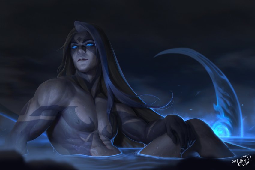 1boy, black_hair, blue_eyes, blue_hair, collarbone, dripping, facial_mark, glowing, glowing_eyes, glowing_weapon, highres, kayn_(league_of_legends), league_of_legends, long_hair, male_focus, multicolored_hair, navel, night, nipples, nude, outdoors, parted_lips, partially_submerged, saturn_(satscarlet), scythe, shadow_assassin_kayn, signature, sitting, sky, solo, steam, tattoo, water, weapon, wet