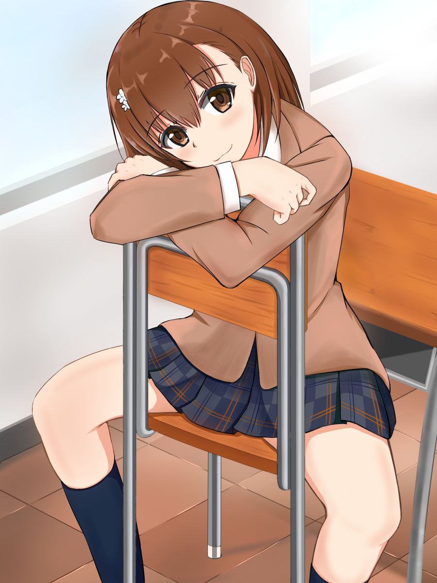 1girl, 3535mb, :3, arm_support, black_skirt, black_socks, blazer, brown_eyes