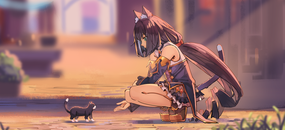 animal_ear_fluff, animal_ears, black_hair, blurry, cat, cat_ears, cat_girl, cchhii3