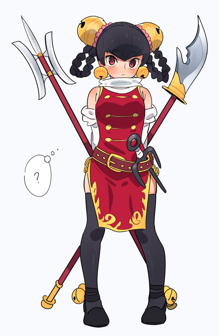 1girl, :<, bare_shoulders, bell, bell_earrings, black_footwear, black_hair, blush