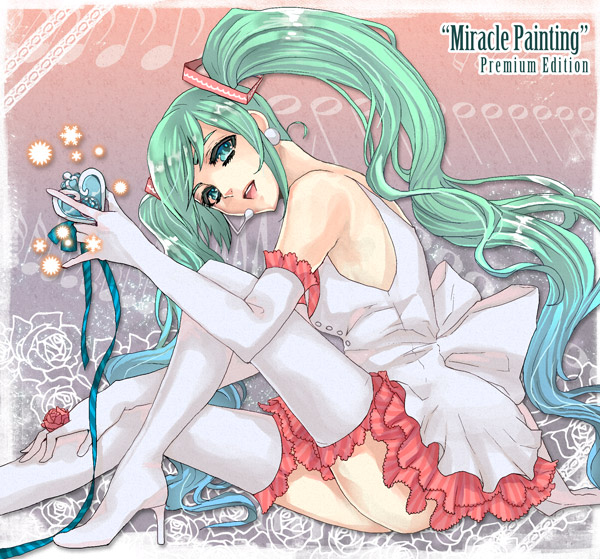 aqua_eyes, aqua_hair, bad_id, bad_pixiv_id, dress, elbow_gloves, flower, gloves