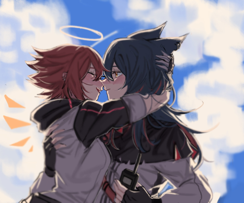 2girls, animal_ears, arknights, black_capelet, black_gloves, black_hair, blue_sky, blush