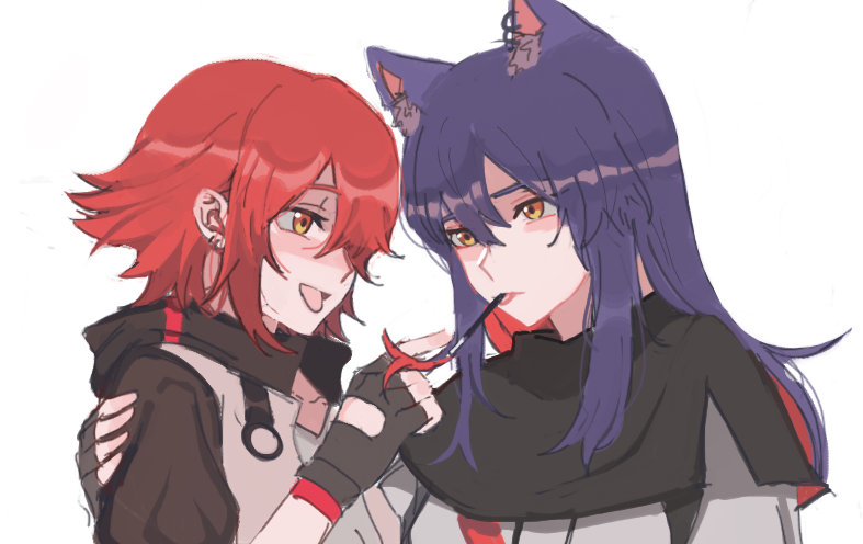 2girls, animal_ear_fluff, animal_ears, arknights, arm_around_shoulder, black_capelet, black_gloves, blue_hair