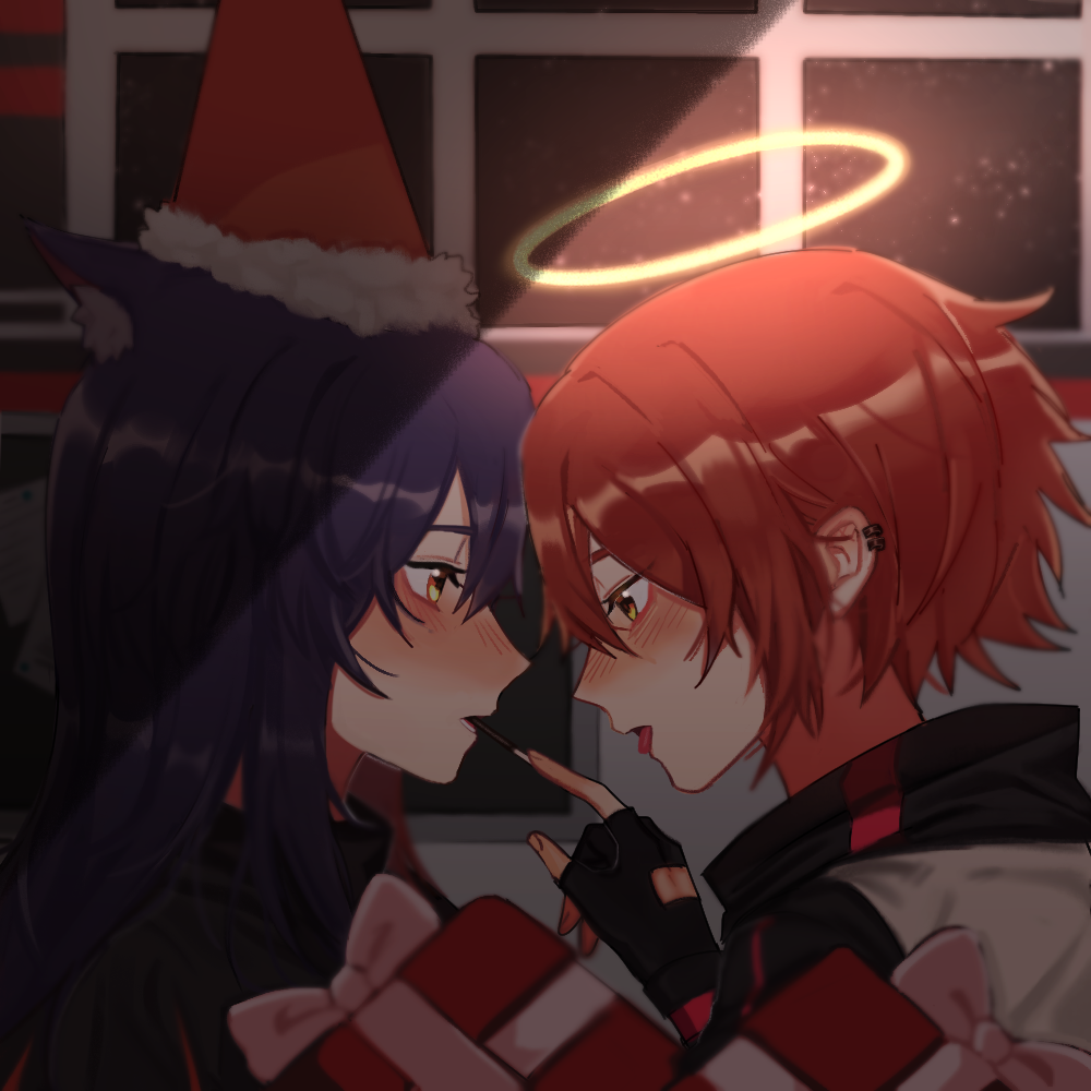 2girls, animal_ear_fluff, animal_ears, arknights, birthday, black_capelet, black_gloves, black_hair