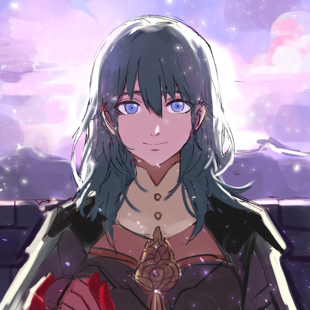 2girls, backlighting, black_cloak, black_dress, blue_eyes, blue_hair, female_byleth_(fire_emblem), cloak