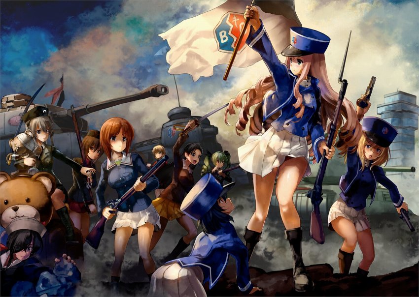 6+girls, anchovy_(girls_und_panzer), andou_(girls_und_panzer), anglerfish, antique_firearm, anzio_military_uniform, asymmetrical_bangs, bc_freedom_(emblem)